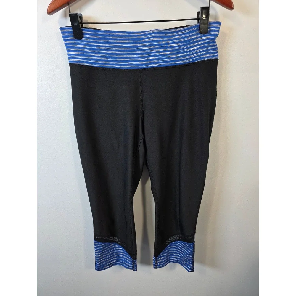Xersion Womens Black Blue Space Dye Striped Mesh Capri Leggings Large Fitted - Picture 1 of 7